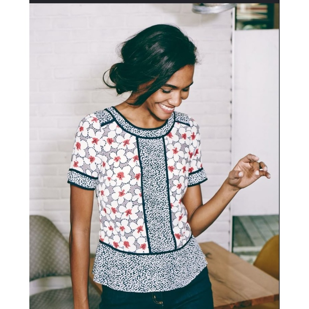 Boden Blouse Womens 10 Navy Floral Mixed Print Short Sleeve Peplum Boho Office